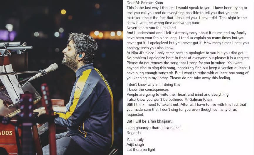 Arijit Singh's Facebook apology to Salman Khan