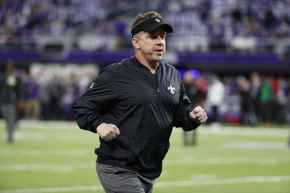 New Orleans Saints head coach Sean Payton before an NFL divisional football playoff game against the Minnesota Vikings in Minneapolis, Sunday, Jan. 14, 2018. (AP Photo/Jeff Roberson)