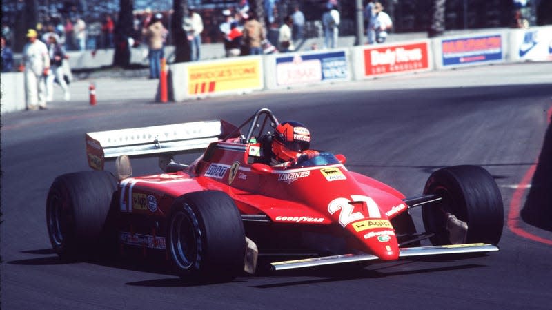 The late Gilles Villeneuve the legendary French Candian driver seen in action driving his Ferrari racing car, 1982.