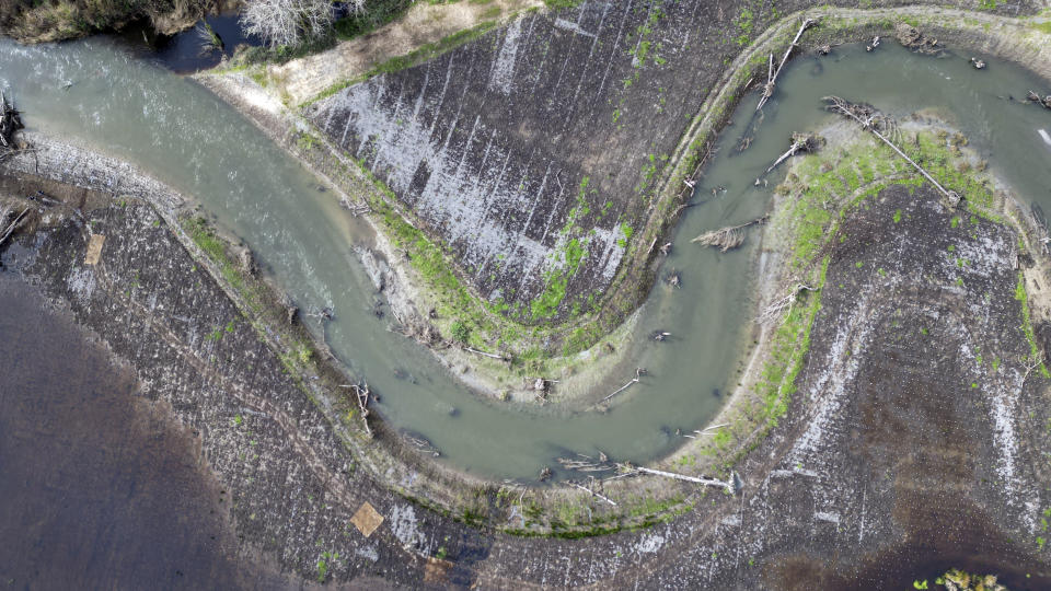 This drone photo taken on Monday, Jan. 29, 2024, shows a salmon restoration project at Prairie Creek, which runs from Redwood National and State Parks, Calif., and flows through land that will be returned to the Yurok Tribe. The tribe, which lost 90 percent of its ancestral land during the Gold Rush in the mid-19th century, will get back a slice of its territory under an agreement signed Tuesday, March 19, 2024, with California and the National Park Service. This 125-acre parcel will be transferred to the Tribe, in 2026. (AP Photo/Terry Chea)