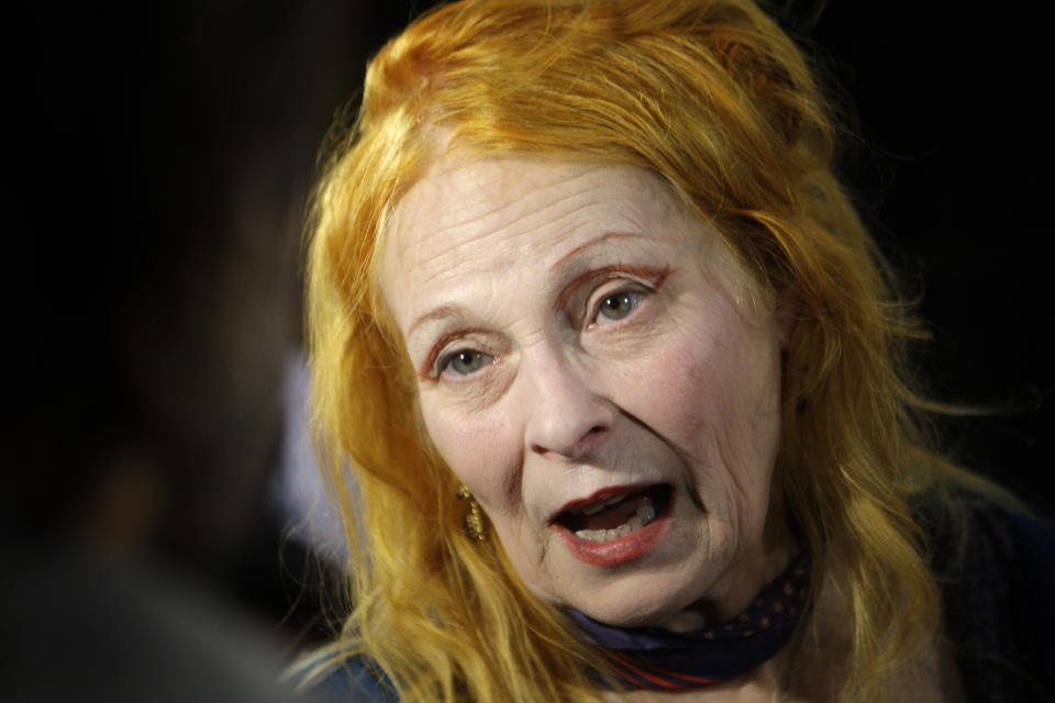 FILE - British designer Vivienne Westwood speaks to media after her Anglomania Spring/Summer 2010 collection show at Selfridges in London, Nov. 16, 2009. Westwood, an influential fashion maverick who played a key role in the punk movement, died Thursday, Dec. 29, 2022, at 81. (AP Photo/Joel Ryan, File)