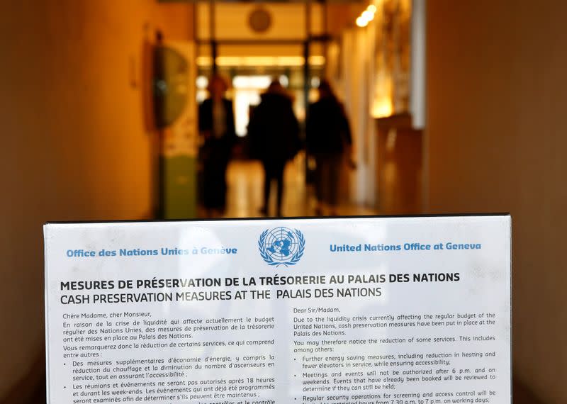 A sign is pictured at the entrance of a side door at the United Nations European headquarters in Geneva