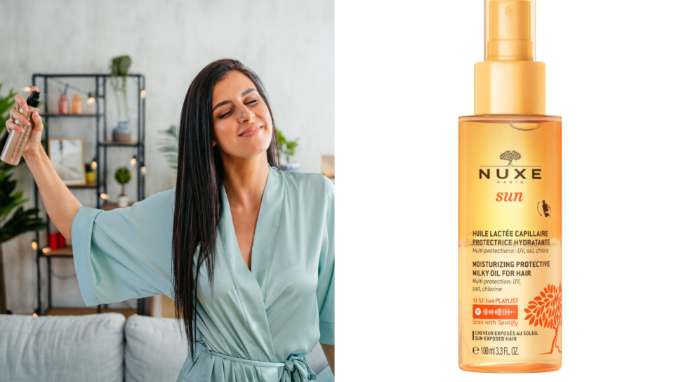 A photo of a woman spritzing her hair with hair mist; Nuxe Hair Mist. (PHOTO: Getty Images; Lookfantastic)