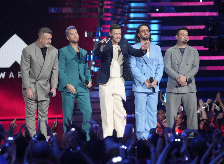 NYSNC's Joey Fatone, Lance Bass, Justin Timberlake, JC Chasez and Chris Kirkpatrick on stage at 2023 MTV Video Music Awards