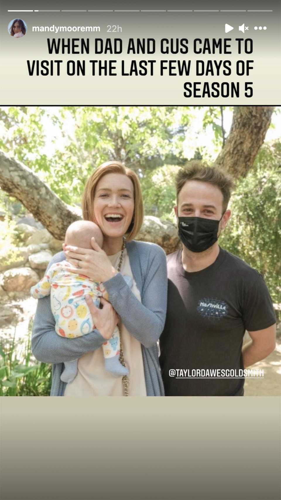 Moore, August and husband Taylor Goldsmith enjoy the waning days of the fifth season on the set of 