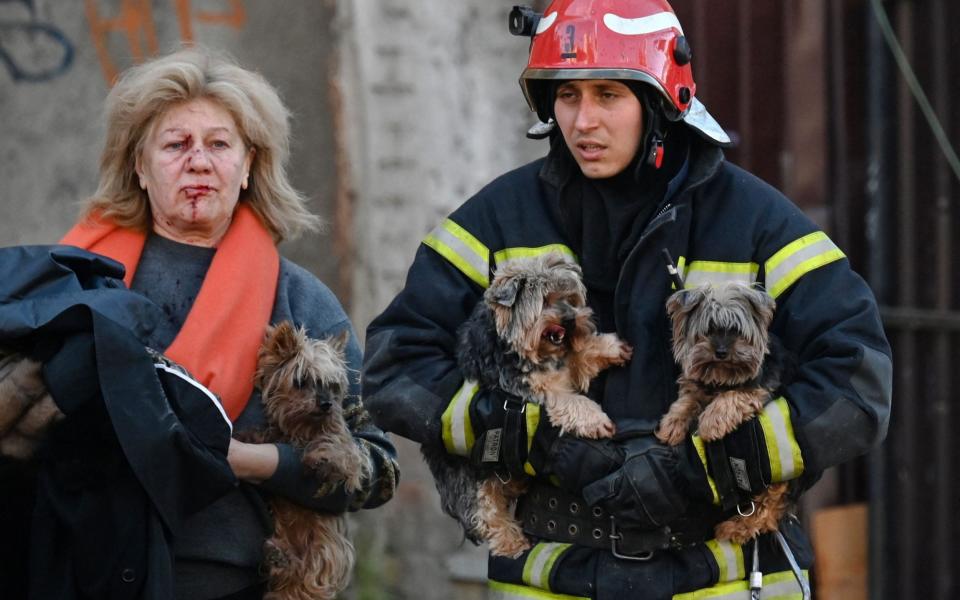 An emergency worker carries dogs as he escorts a local resident outside a partially destroyed office building after several Russian strikes hit the Ukrainian capital of Kyiv - AFP