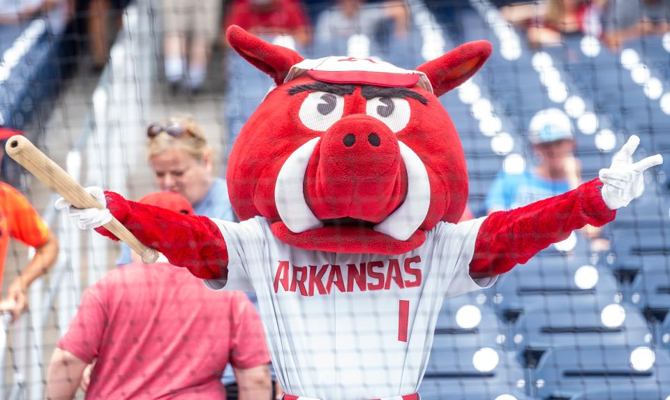 Jun 23, 2022; Omaha, NE, USA; Arkansas Razorbacks mascot Ribby gestures before a game against the Ole Miss Rebels at Charles Schwab Field. Mandatory Credit: Dylan Widger-USA TODAY Sports