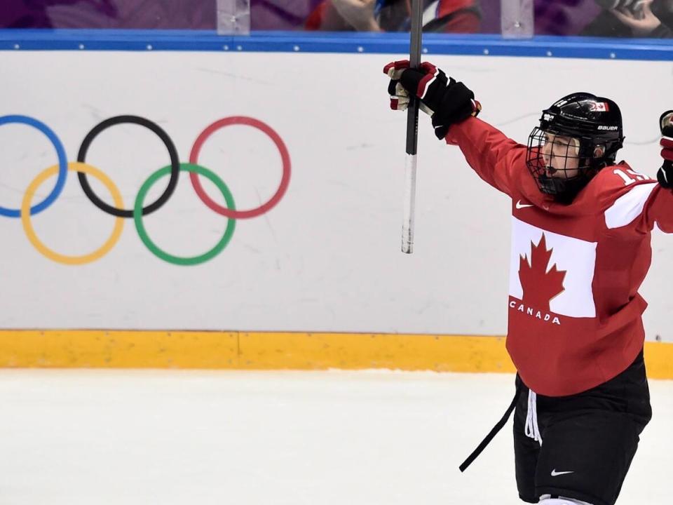 Canada's Brianne Jenner celebrates after scoring a goal during the 2014 Winter Olympics in Sochi. (Nathan Denette/The Canadian Press - image credit)