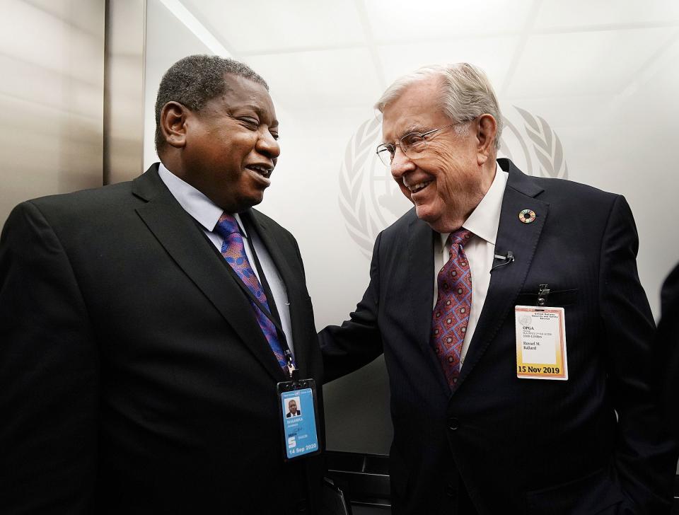 President M. Russell Ballard, right, acting president of the Quorum of the Twelve Apostles of The Church of Jesus Christ of Latter-day Saints, talks with Jerobeam Shaanika, Deputy Chief de Cabinet, office of the President of the General Assembly of the United Nations 74th Session in New York City on Friday, Nov. 15, 2019. | Ravell Call, Deseret News