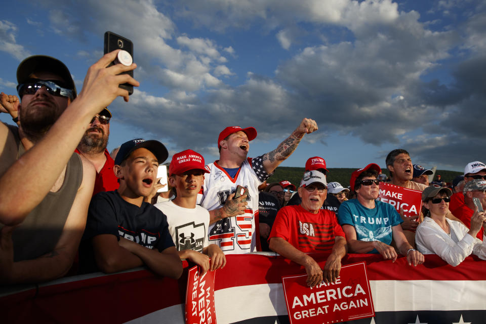 Supporters of President Donald Trump cheer as he speaks during a campaign rally, Monday, May 20, 2019, in Montoursville, Pa. (AP Photo/Evan Vucci)