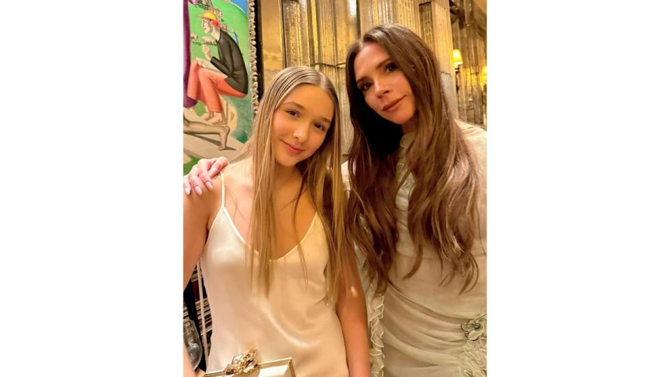 Harper Beckham and her mum Victoria Beckham at the former Spice Girl's 50th birthday party 