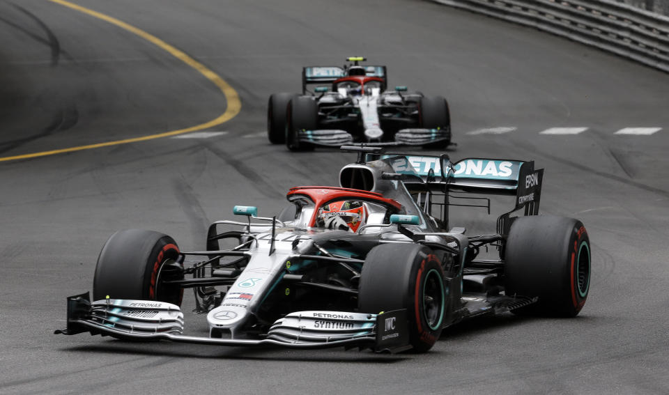 Mercedes driver Lewis Hamilton of Britain sees his car in front of Mercedes driver Valtteri Bottas of Finland during the Monaco Formula One Grand Prix race, at the Monaco racetrack, in Monaco, Sunday, May 26, 2019. (AP Photo/Luca Bruno)