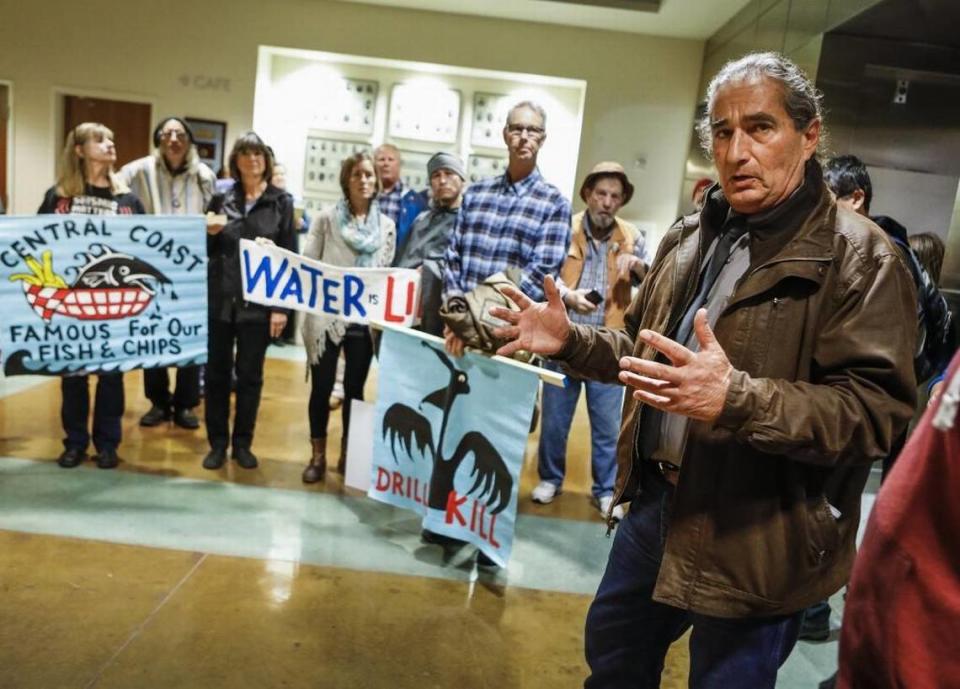 Fred Collins, a tribal administrator for the Northern Chumash Tribal Council, speaks with supporters of the Chumash Heritage National Marine Sanctuary before the start of the San Luis Obispo County Board of Supervisors meeting on Feb. 7, 2017.
