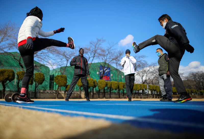 Athletes from South Sudan attend their training session in preparation for the Tokyo 2020 Olympic and Paralympic Games amid the coronavirus disease (COVID-19) outbreak, in Maebashi