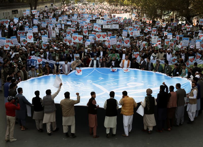 People protest against the French President Emmanuel Macron comments over Prophet Mohammad, in Kabul