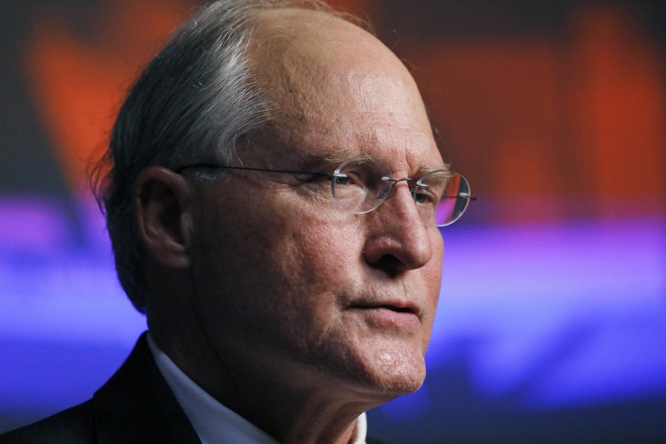 Former Mississippi Supreme Court Chief Justice Bill Waller Jr., answers reporter's question following a televised debate against his GOP gubernatorial runoff opponent, Lt. Gov. Tate Reeves, in Jackson, Miss., Wednesday, Aug. 21, 2019. (AP Photo/Rogelio V. Solis)