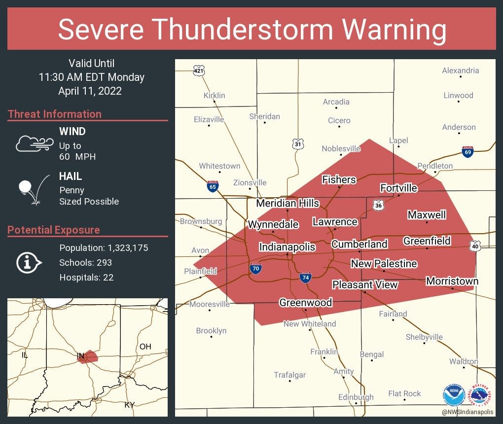 National Weather Service in Indianapolis posted a severe thunderstorm warning just before 11 a.m. Monday, April 11, 2022.