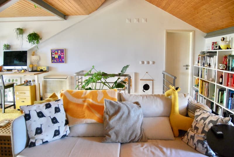 Seating area with animal-themed pillows in white room.