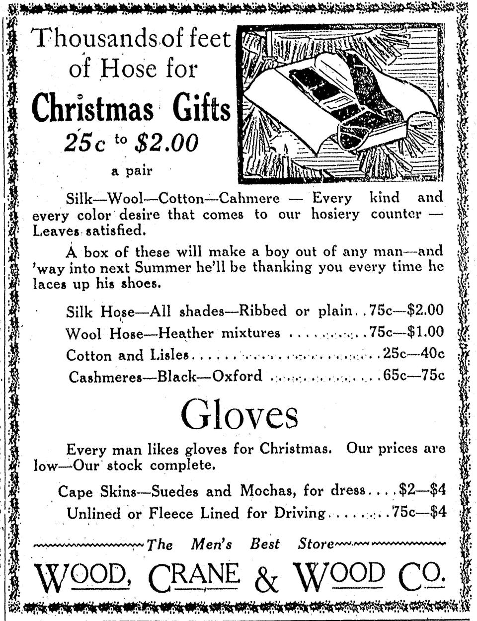 This advertisement for Wood, Crane & Wood in downtown Adrian is from a December 1922 edition of The Adrian Daily Telegram. Gifts of clothing for the upcoming Christmas holiday that year are seen in the advertisement.