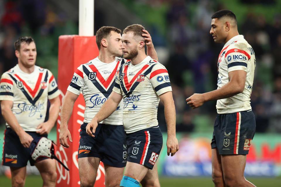 Roosters players, pictured here after their loss to Melbourne Storm.