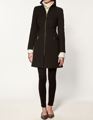 Coat with leather edging, $159