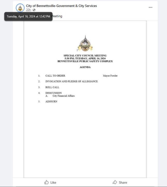 The City of Bennettsville City Administrator’s Office posted this meeting notice to Facebook less than five hours before meeting on April 16, 2024. The S.C. Freedom of Information Act requires public bodies post meeting notices 24 hours before meeting, except in emergency meetings. The agenda shows this was a special called meeting. (Source: City of Bennettsville)