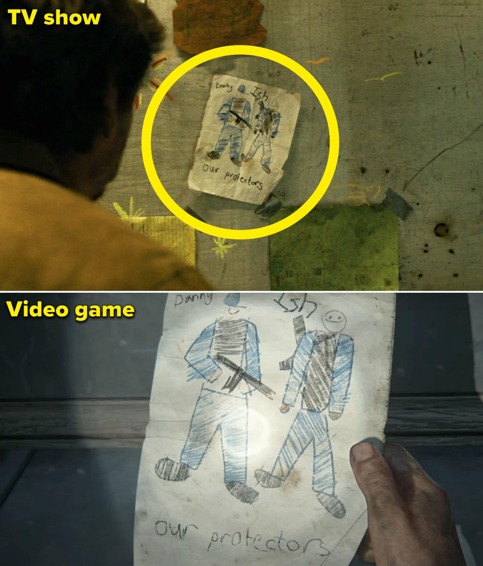 A close-up of a drawing of Ish and Danny that reads, "Our protectors" in the show vs game