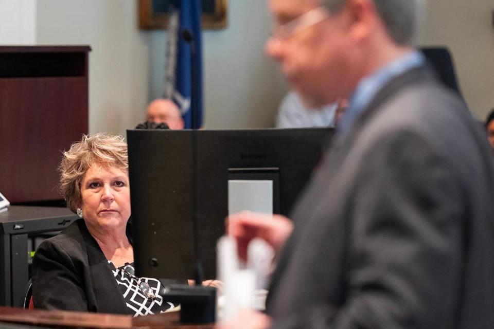 PHOTO: Colleton County Clerk of Court Rebecca Hill listens as Prosecutor Creighton Waters makes closing arguments in Alex Murdaugh's trial for murder at the Colleton County Courthouse on March 1, 2023, in Walterboro, S.C.  (Joshua Boucher/Pool/The State/TNS via Newscom)