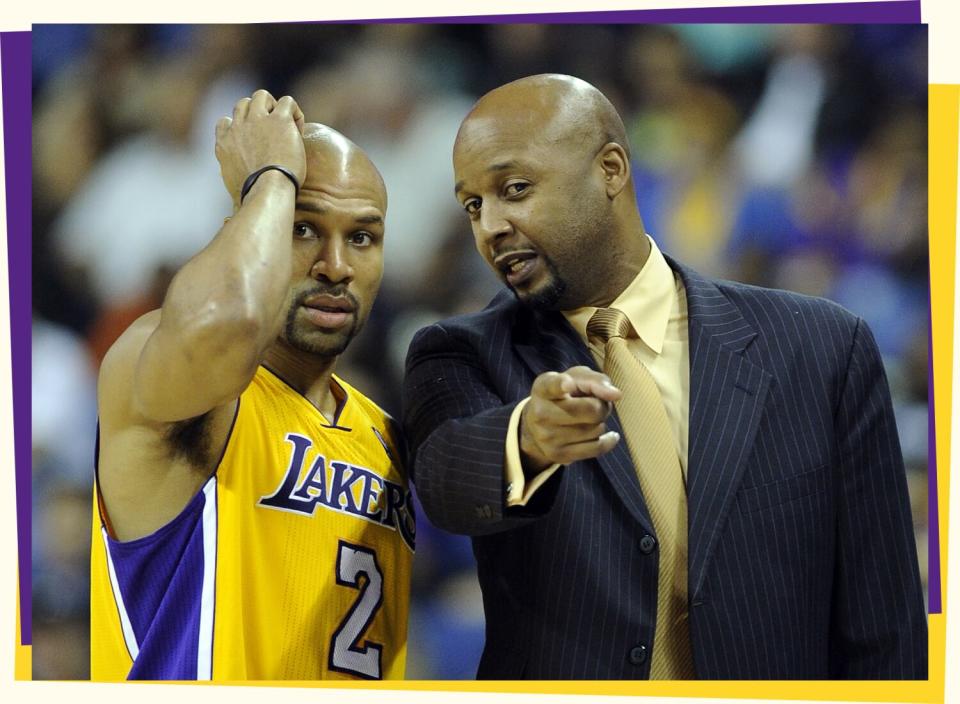 Photograph of Derek Fisher in a yellow Lakers jersey on left and Brian Shaw in a black suit with yellow dress shirt on right.