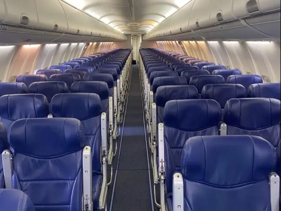 Inside the cabin of an Avelo 737-800.