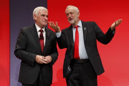 Britain's Labour Party leader, Jeremy Corbyn (R), stands with shadow Chancellor of the Exchequer, John McDonnell, after his keynote speech at the party's conference in Liverpool, Britain September 26, 2016. REUTERS/Darren Staples