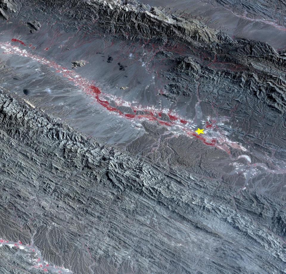 On September 24 at 6.29 a.m. ET, a magnitude 7.7 earthquake struck in south-central Pakistan at a relatively shallow depth of 12 miles. The earthquake occurred as the result of oblique strike-slip motion, consistent with rupture within the Eurasian tectonic plate. Tremors were felt as far away as New Delhi as well as Karachi in Pakistan. Even though the immediate area to the epicenter is sparsely populated, the majority of houses are of mud brick construction and damage is expected to be extensive. The perspective view, looking to the east, shows the location of the epicenter in Pakistan's Makran fold belt.