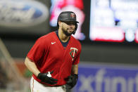 Minnesota Twins catcher Gary Sanchez rounds the bases after a 3-run home run against the Los Angeles Angels in the fifth inning of a baseball game, Saturday, Sept. 24, 2022, in Minneapolis. (AP Photo/Andy Clayton-King)