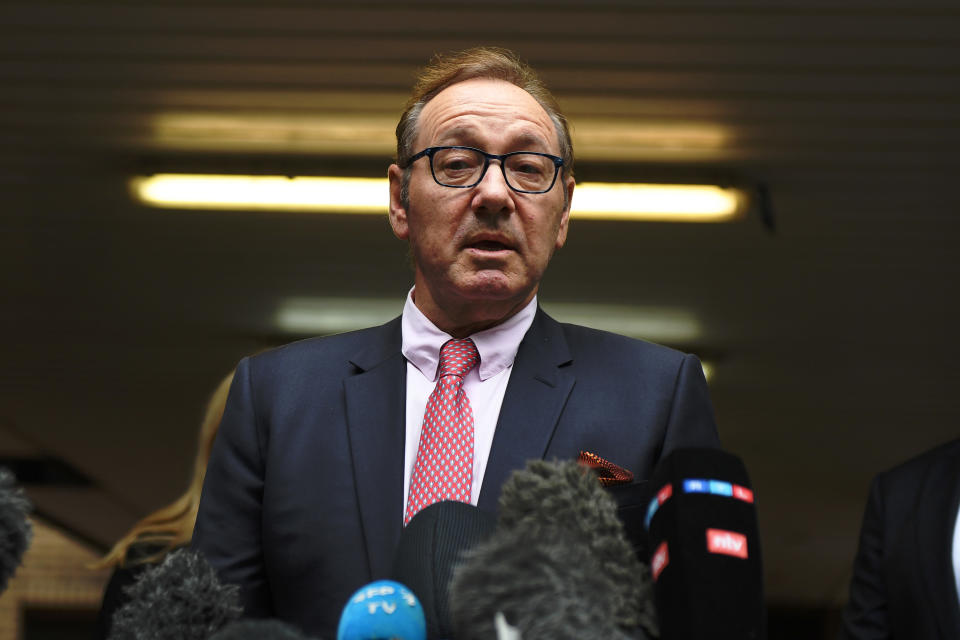 LONDON, ENGLAND - JULY 26: Kevin Spacey speaks to press after leaving court at Southwark Crown Court on July 26, 2023 in London, England. The U.S. actor who starred in the popular TV series House of Cards and the film The Usual Suspects has been cleared of all sexual assault charges brought by men  during his time as Artistic Director of The Old Vic Theatre. (Photo by Chris J Ratcliffe/Getty Images)