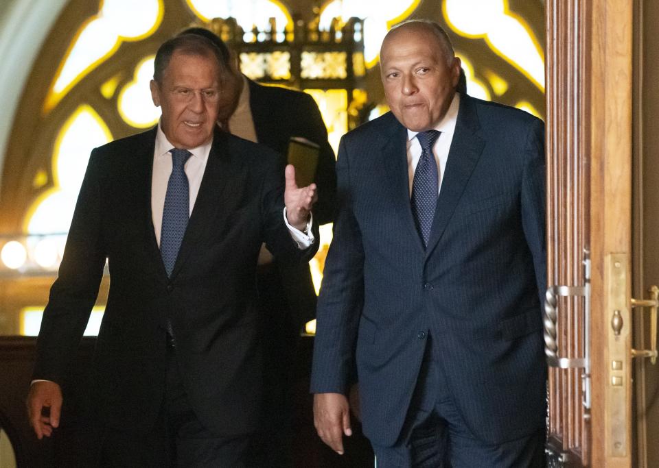 Russian Foreign Minister Sergey Lavrov, left, and Egyptian Foreign Minister Sameh Shoukry enter a hall for their talks in Moscow, Russia, Monday, June 24, 2019. Egyptian President Abdel-Fattah el-Sissi has moved to increase military cooperation with Russia. (AP Photo/Alexander Zemlianichenko)