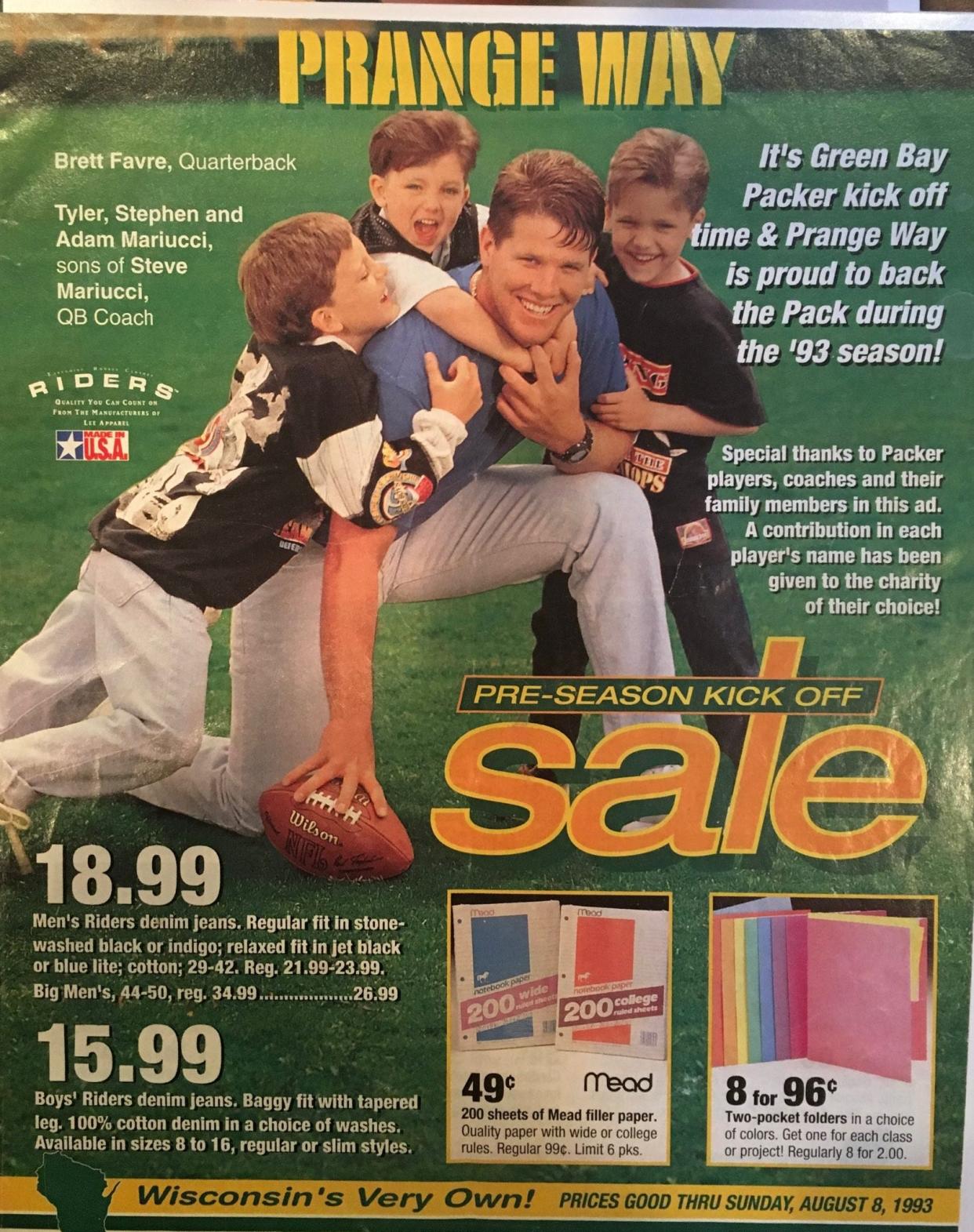 As a kid, Stephen Mariucci, center, starred with his brothers, Tyler and Adam, and Green Bay Packers quarterback Brett Favre in a 1993 circular for discount department store Prange Way.