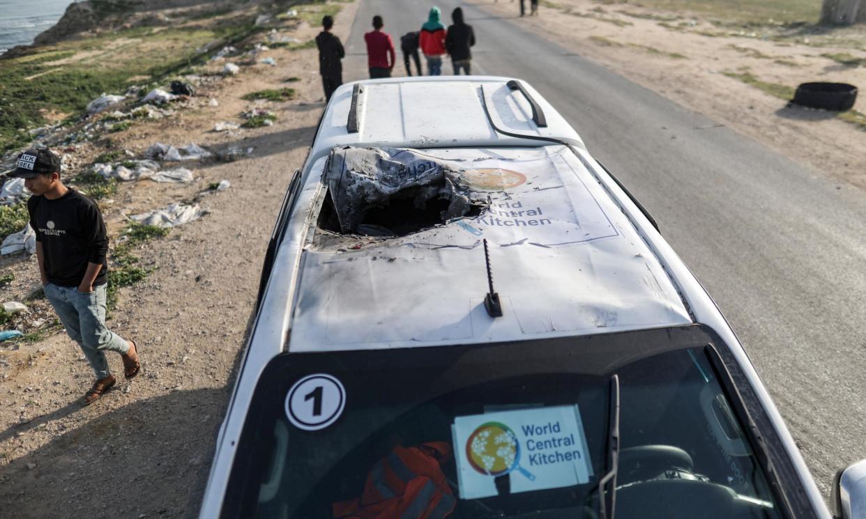 <span>One of the vehicles struck in the incident in Deir al-Balah.</span><span>Photograph: Anadolu/Getty Images</span>