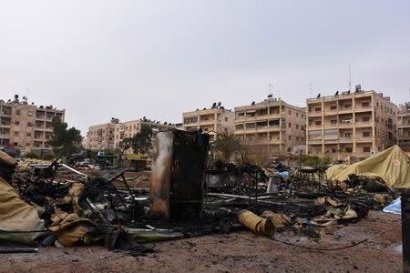 A general view shows the damage at a Russian military field hospital after it was shelled by what the Russian Defence Ministry said were Syrian rebels in Aleppo, Syria, in this handout picture provided by SANA on December 5, 2016. SANA/Handout via REUTERS