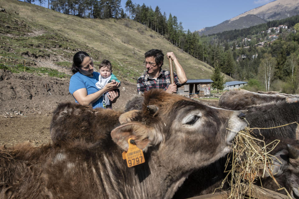 In this image take on Thursday, April 23, 2020 Stefano Gusmini, 43, right, looks at his wife Alice Piccardi, 37, holding their five month old son Danilo, at their farm 'Fattoria della Felicita'' (Farm of Happiness), which hosts also a restaurant and summer camps, in Onore, near Bergamo, northern Italy. In her afternoons she volunteers at the doctor’s dormitory at a field hospital in Bergamo. (AP Photo/Luca Bruno)