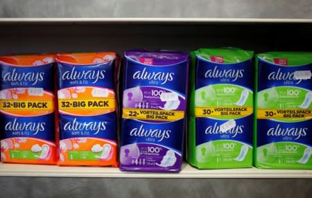 FILE PHOTO: Feminine hygiene products are seen in a pharmacy in London, Britain March 18, 2016.  REUTERS/Stefan Wermuth/File Photo