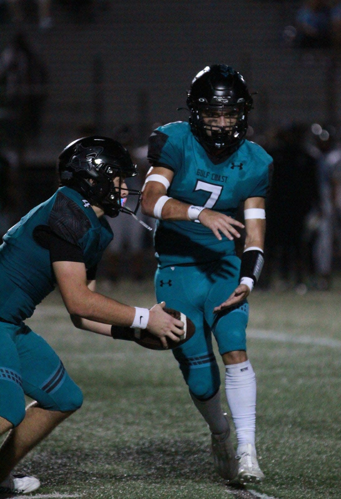 The West Broward Bobcats visited the Gulf Coast High School Sharks for a Friday football matchup October 13, 2023. Gulf Coast defeated West Broward with a final score of 19-21.