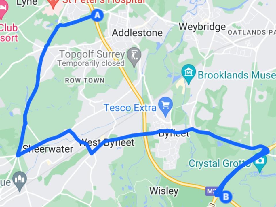 Road to hell? Diversion route for the M25 when the motorway closes (National Highways/Google Maps)