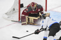 Toronto's Natalie Spooner (24) moves in on Montreal goaltender Ann-Renee Desbiens during the second period of a PWHL hockey game at the Bell Centre in Montreal, Saturday, April 20, 2024.(Graham Hughes/The Canadian Press via AP)