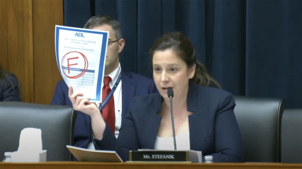Rep. Elise Stefanik during an exchange with Northwestern University President Michael Schill at the House Committee on Education and the Workforce hearing on antisemitism on college campuses today on Capitol Hill. - From House Committee on Education & the Workforce