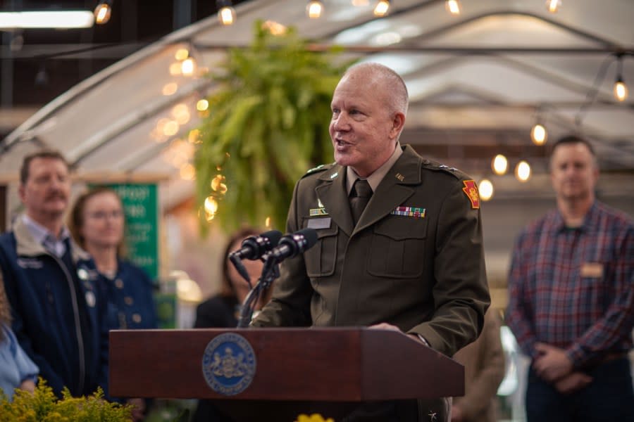 Adjutant General, Dept. of Military and Veterans Affairs Mark Schindler speaks of the similarities between the work ethic of members of the military and farming communities.