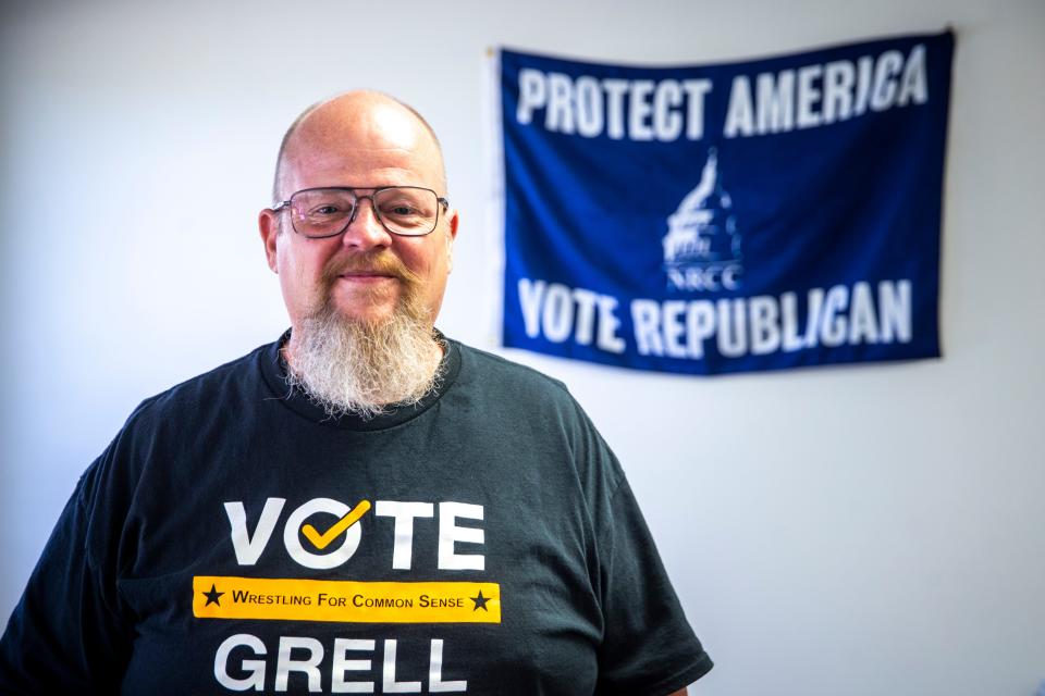 Wayne Grell, Iowa House District 85 candidate, poses for a photo, Wednesday, Aug. 31, 2022, at the Johnson County Republicans headquarters in North Liberty, Iowa.