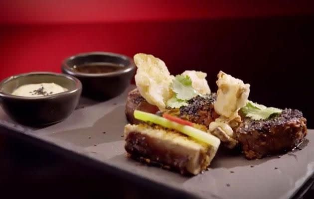 Della lost her bottle mid-way through making their signature dish - miso wagyu with bone marrow and tempura vegetables. Source: Channel Seven