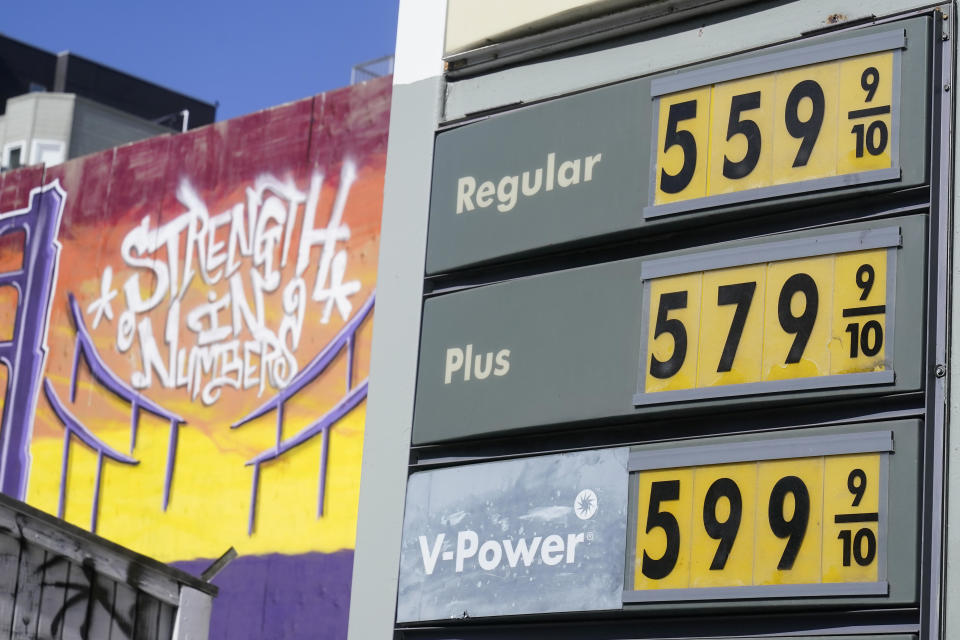 A gasoline price board is shown at a gas station in San Francisco, California, on Wednesday, Nov. 2, 2022. / Credit: Jeff Chiu / AP