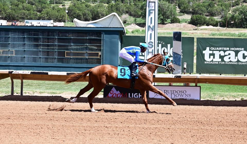 Christian Ramos rides the horse Higher Ed at Ruidoso Downs Race Track, N.M., July 20, 2023. "I want to keep riding forever," Ramos said. "I really do."