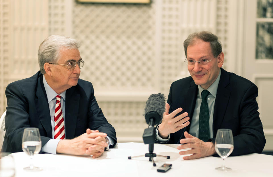 President of the Vienna Philharmonic Orchestra Clemens Hellsberg sits next to the president of the Birgit Nilsson Foundation Rutbert Reisch, left, as he speaks during an interview with The Associated Press in Vienna, Austria, Wednesday, April 9, 2014. The Vienna Philharmonic Orchestra has been named the 2014 winner of the Birgit Nilsson Prize, a prestigious musical honor that comes with a $1-million award. Resch cited the orchestra’s ‘’highest artistic standards and great versatility’’ in choosing the ensemble for the award, given once every three years. (AP Photo/Alexander Mueller)